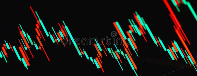 Stock market exchange candlestick chart graph macro, closeup, Day trading abstract. candle sticks on screen up close royalty free stock image