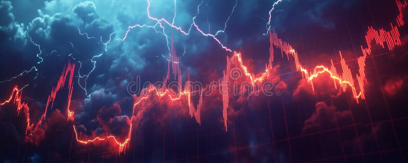 Stock market graph shows extreme volatility during tumultuous weather conditions. A massive stock market graph displays sharp fluctuations, vividly torn and disrupted against a dramatic backdrop of dark, stormy clouds and jagged lightning strikes. The visual contrasts the chaotic market movements with the fierce energy of a storm, emphasizing the unsettling nature of financial instability in a turbulent environment