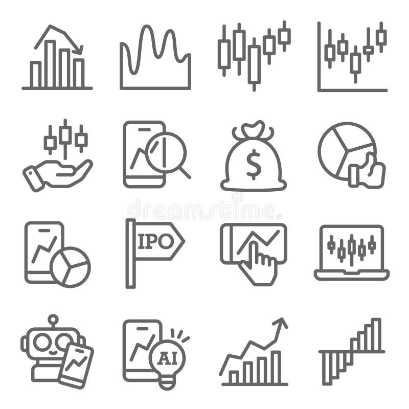 Stock Market icons set vector illustration. Contains such icon as Candle Graph, AI, IPO, Investment and more. Expanded Stroke