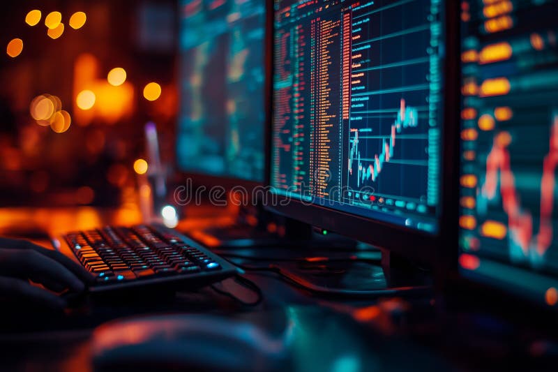 Trader Analyzing Data Multiple Screens Desk Stock Illustrations ...