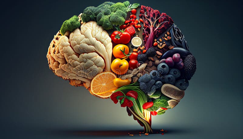 Brain Food: A Colorful Illustration of Fruits and Vegetables in the Shape of a Human Brain. Created with generative AI technology.