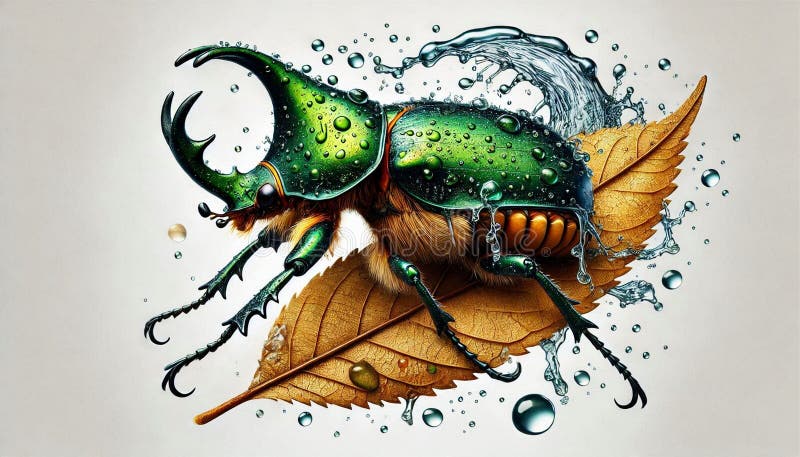 Stock photo showing a bright beetle on a fresh leaf stock illustration