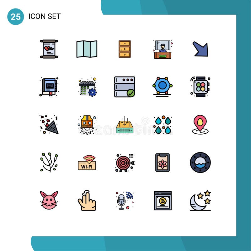 Stock Vector Icon Pack，包含25个线标和符号，用于数字、右、衣橱、下、研讨会 向量例证