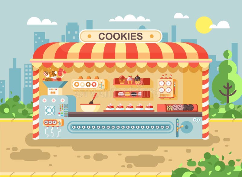 Vector illustration cartoon urban stall cooking business manufactures of baking cookies for sale, shelves with cupcakes