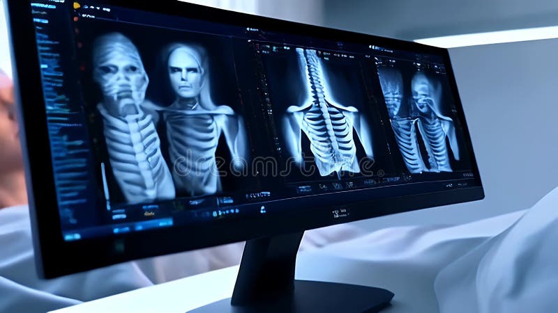 Detailed X Ray Scan of Human Spine and Ribs on Blue Computer Monitor Displaying Skeletal Anatomy for Medical Diagnosis royalty free illustration