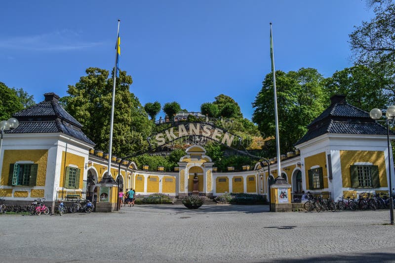Stockholm, Zweden, 28 juli 2014 - Entree tot Skansen stock afbeeldingen