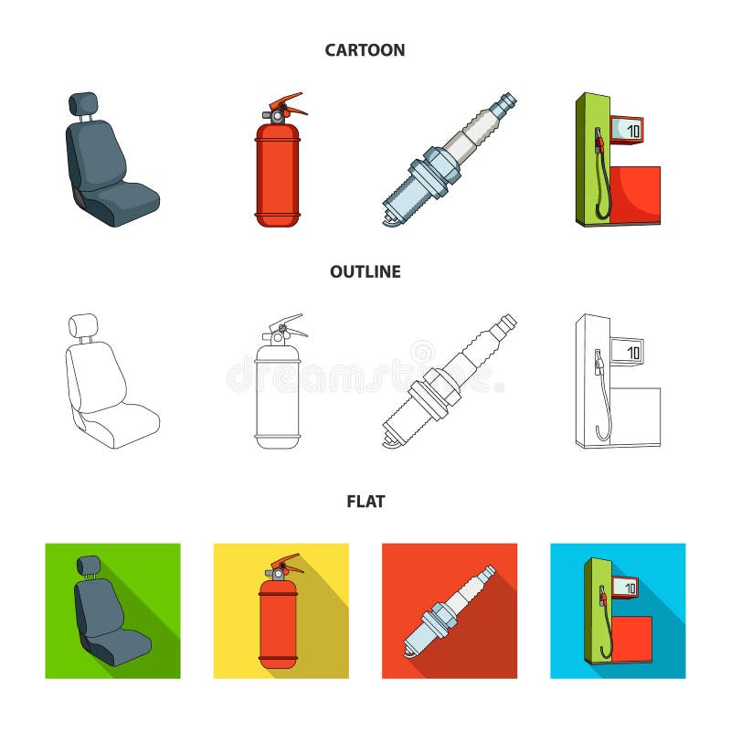 Stoel met hoofdsteun, brandblusapparaat, autokaars, benzinepost, pictogrammen van de Auto de vastgestelde inzameling in beeldverh stock illustratie Stoel met hoofdsteun, brandblusapparaat, autokaars, benzinepost, pictogrammen van de Auto de vastgestelde inzameling in beeldverh stock illustratie
