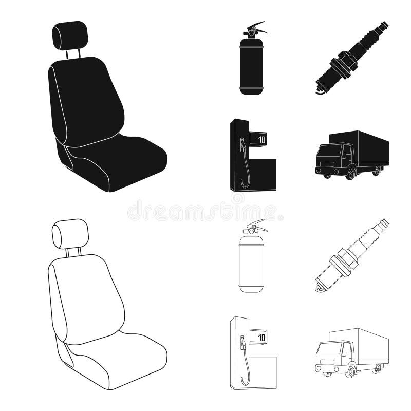 Stoel met hoofdsteun, brandblusapparaat, autokaars, benzinepost, pictogrammen van de Auto de vastgestelde inzameling in zwarte, o vector illustratie Stoel met hoofdsteun, brandblusapparaat, autokaars, benzinepost, pictogrammen van de Auto de vastgestelde inzameling in zwarte, o vector illustratie
