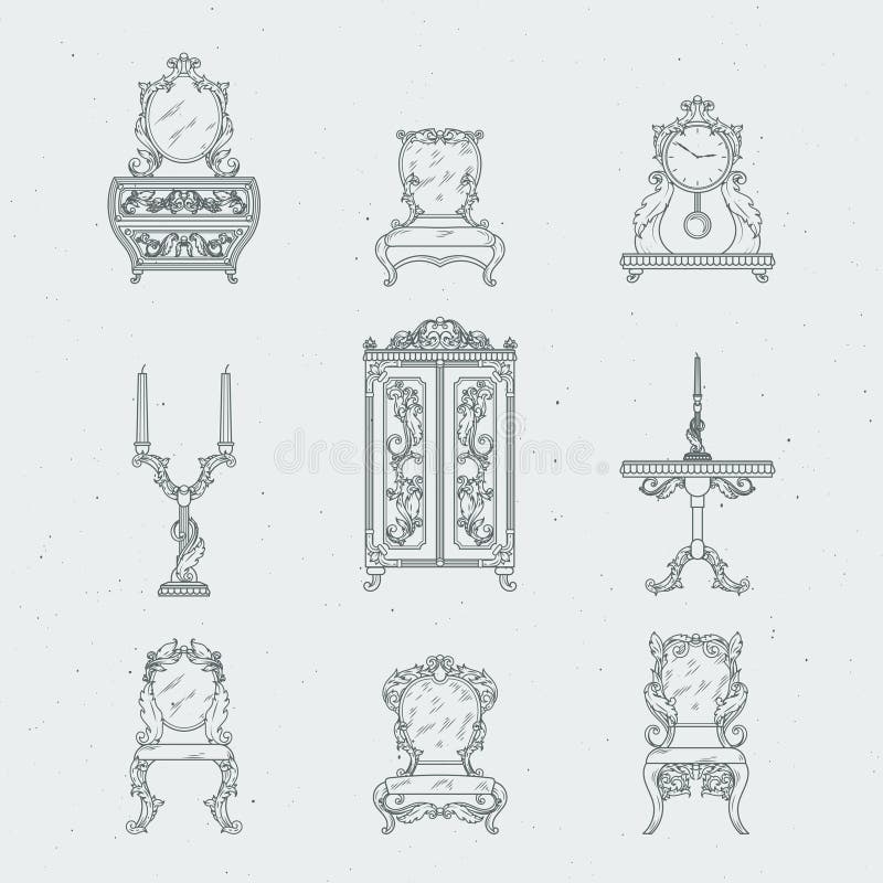 Stoelen van het huis de antieke meubilair, opmaker, bedlijst, spiegel De vectorillustraties van de handtekening in barokke stijl vector illustratie Stoelen van het huis de antieke meubilair, opmaker, bedlijst, spiegel De vectorillustraties van de handtekening in barokke stijl vector illustratie