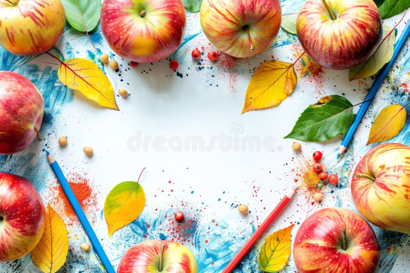 Stoffa artistica con foglie di mele e matite colorate su sfondo bianco. tornare a scuola. immagine stock