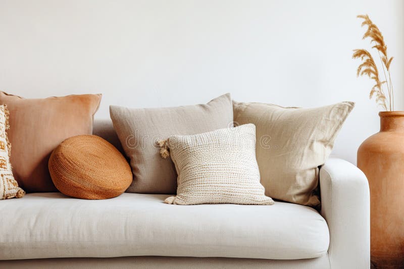 Stoffa di beige con cuscini di terracotta. casa in stile boho design degli interni moderni. ai royalty illustrazione gratis