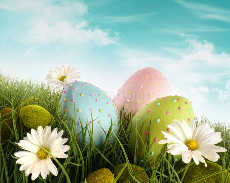 stokrotki dekorująca Easter jajek trawa obraz stock stokrotki dekorująca Easter jajek trawa obraz stock
