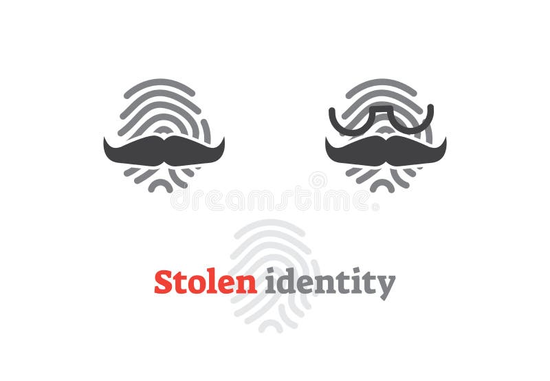 Stolen identity concept icon. Vector illustration with fingerprint and fake mustache. Digital safety sign. stock illustration Stolen identity concept icon. Vector illustration with fingerprint and fake mustache. Digital safety sign. stock illustration