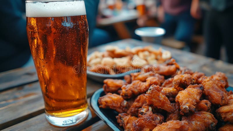 Stolik restauracyjny jest ustawiony z piwnymi apetytami i różnymi napojami widocznymi w tle obrazy stock