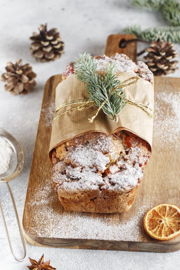 Stollen is fruit bread of nuts, spices, dried or candied fruit, coated with powdered sugar. It is traditional German bread eaten