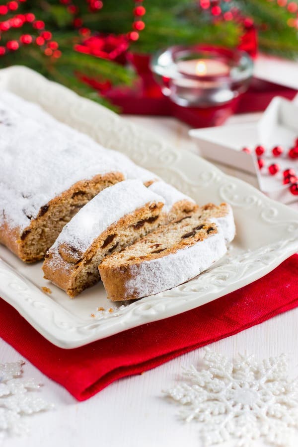 Stollen. Traditional German Christmas Cake with Dried Fruits and Stock
