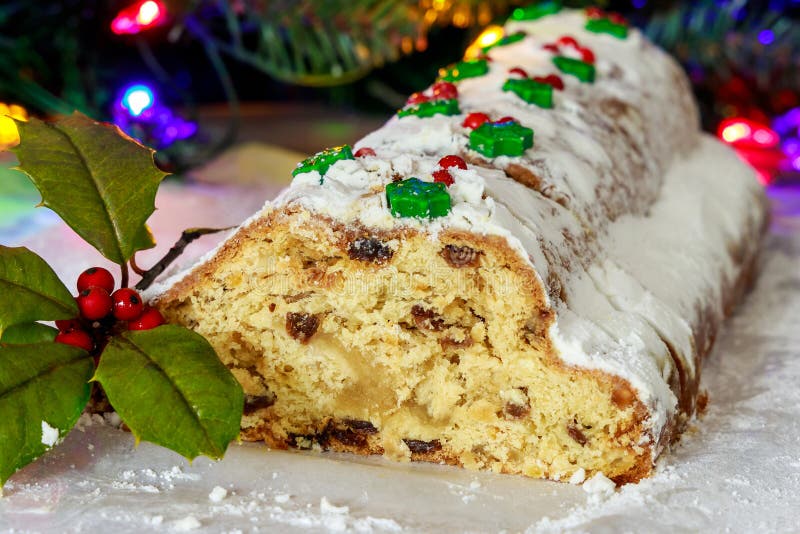 Stollen is Traditional German Christmas Cake Made with Marzipan. Stock
