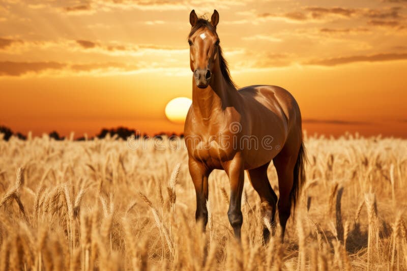 Stolt häst på golden Vetefield vid sunset Commercial Fotography Professional Color Classification royaltyfri fotografi