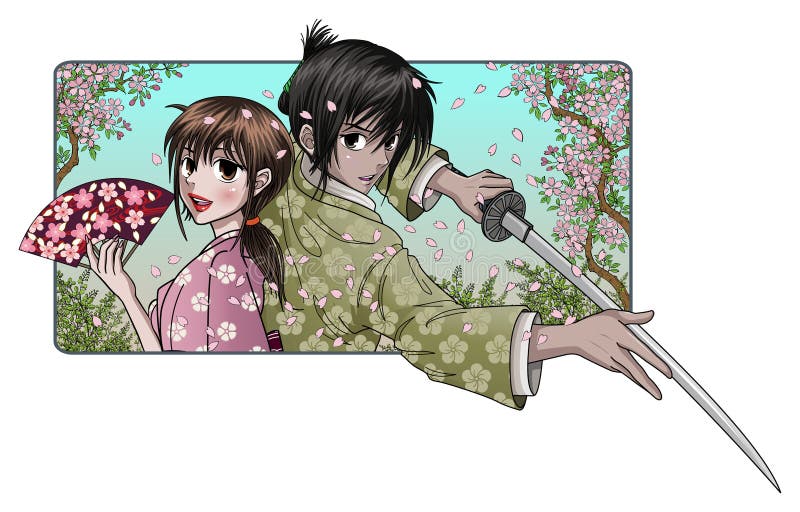 Proud samurai holding blade and fine japanese lady holding a fan - infront of a sakura tree nature background. Proud samurai holding blade and fine japanese lady holding a fan - infront of a sakura tree nature background