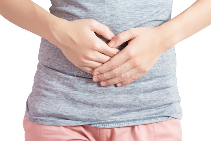 Stomachache in a woman isolated on white background. Clipping path on white background. stock photography