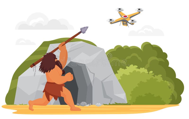Ananiver universitetsområde miljøforkæmper Stone Age Primitive Man Hunting on Drone with Spear Weapon Near Cave, Human  Evolution Stock Vector - Illustration of cartoon, drone: 226319478