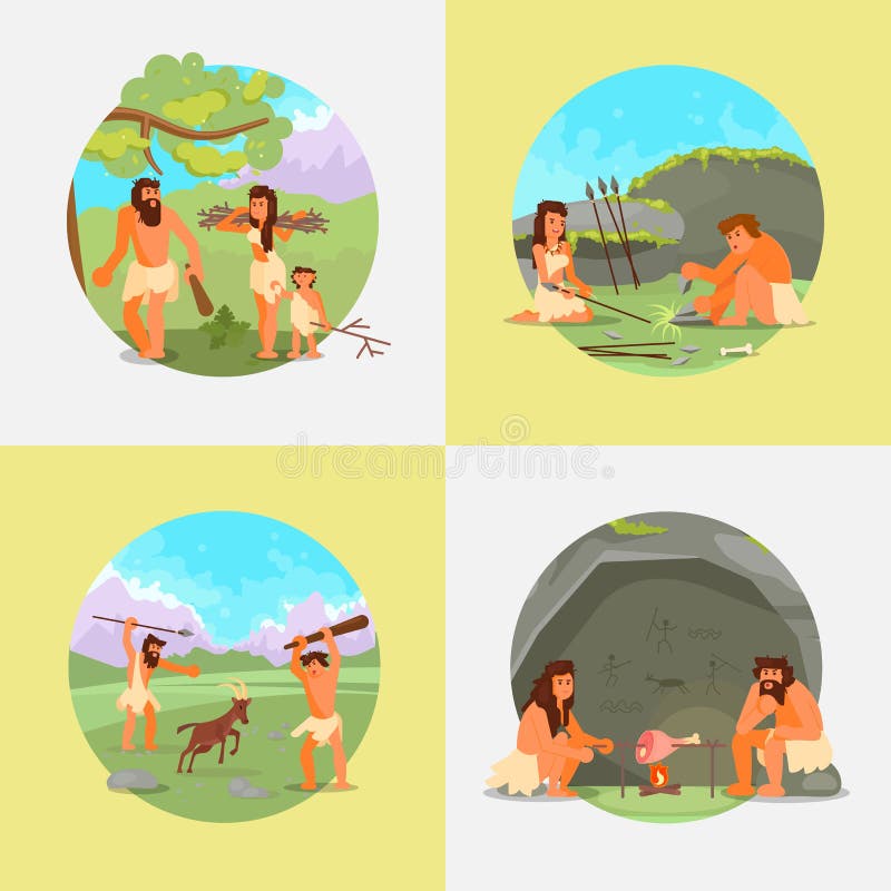 Cavemen stone age people vector flat illustration