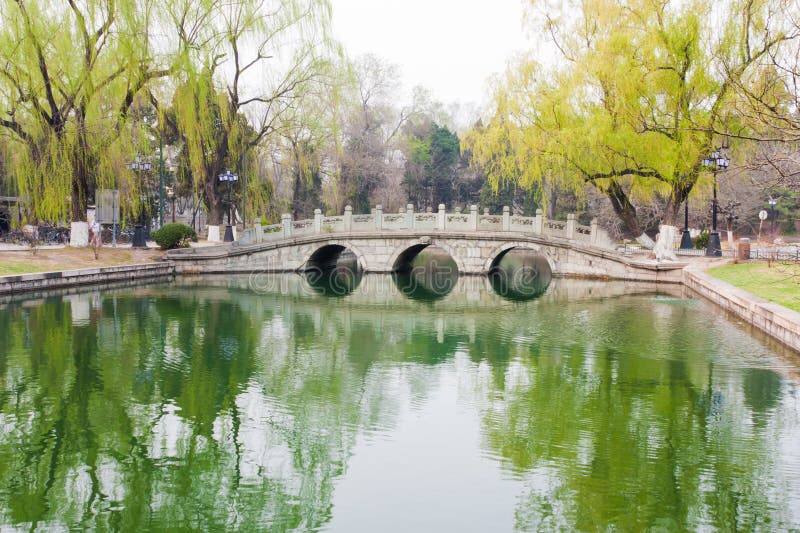 Stone arch bridge reflection in pond