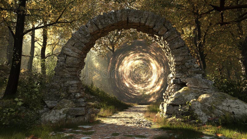 Stone archway with golden glowing portal in autumn forest royalty free stock images