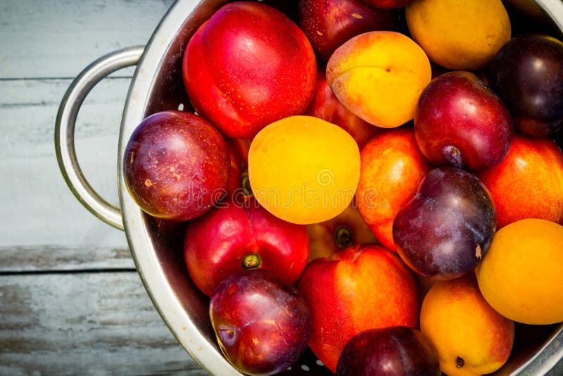 Stone Autumn fruit on the wooden table, flat view