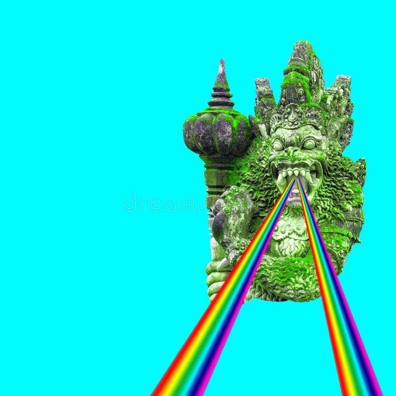 Stone balinese statue neon blue background Creative pop art stock image