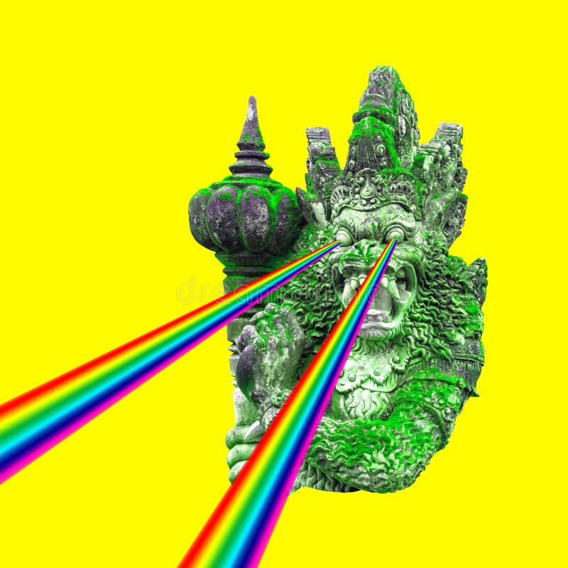 Stone balinese statue neon yellow background Creative pop art royalty free stock image