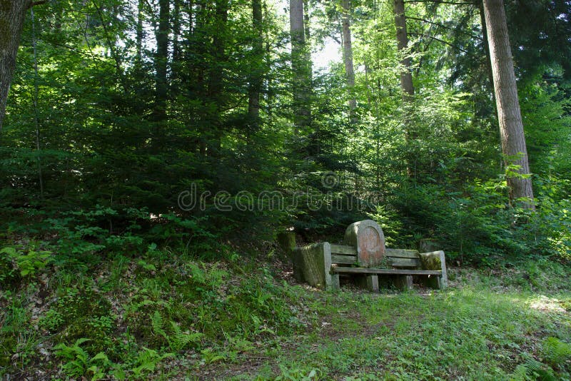Stone bench in the black forest, germany royalty free stock photography Stone bench in the black forest, germany royalty free stock photography