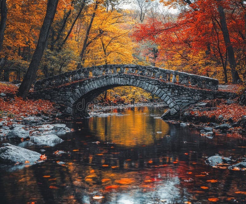 Stone bridge crossing tranquil river flowing through autumn forest vector illustration