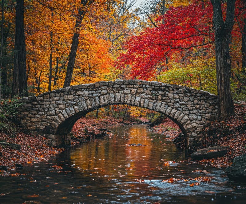 Stone bridge crossing tranquil river flowing through autumn forest stock illustration