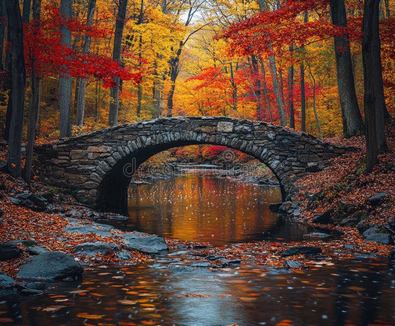 Stone bridge crossing tranquil river flowing through autumn forest royalty free illustration