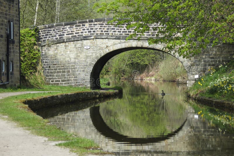 Stone bridge over canal with duck and reflections