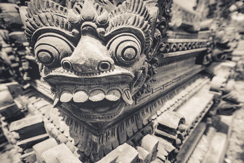 A stone carving of mythical hindu spirit named (Barong), who is believed to be king of the spirits, leader of the hosts of good, and enemy of Rangda in the mythological traditions of Bali