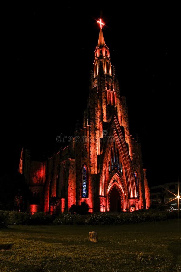 Stone cathedral city Canela / Gramado with orange illumination, Rio Grande Do Sul, Brazil - Church city Canela Rio Grande Do Sul, stock images Stone cathedral city Canela / Gramado with orange illumination, Rio Grande Do Sul, Brazil - Church city Canela Rio Grande Do Sul, stock images