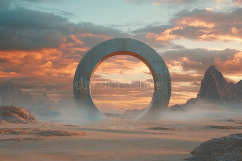 Stone Circle Gateway Desert Sunset Dramatic Landscape Mysterious Ancient Architecture Fantasy Scene royalty free illustration