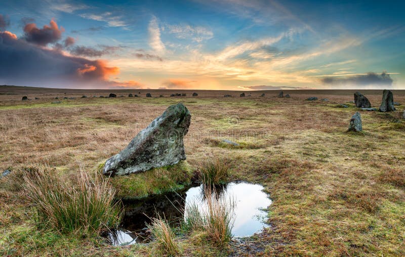 Sunrise at Stannon stone circle on bodmin Moor in Cornwall. Ancient pagan celtic images stock images, royalty-free photos and pictures
