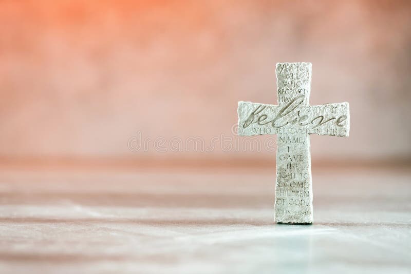 Stone Cross with Inscription Believe on Grey Background, Copy Space.  Christian Backdrop Stock Image - Image of christ, holy: 213658211