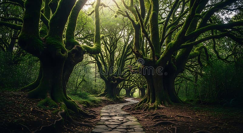 Stone path winds through an enchanting forest with large, moss-covered trees vector illustration