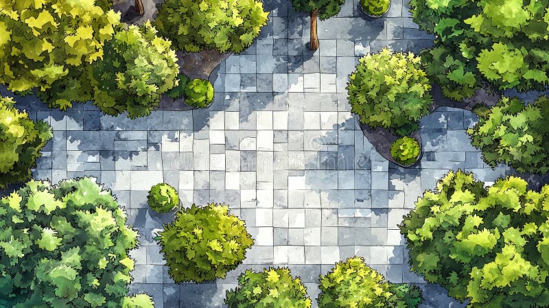 The stone pathway is embraced by lush vegetation, creating an artistic scene. stock image