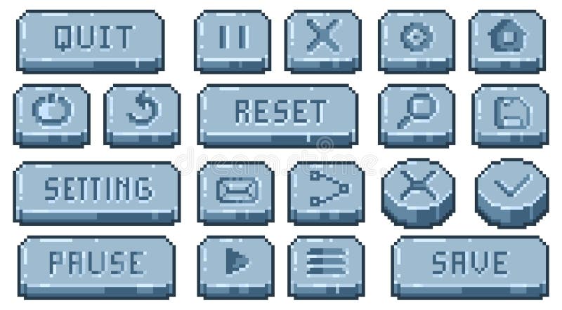 Stone pixel buttons. Old school video game interface elements, 8 bit retro app navigation panel. Vector square UI game elements royalty free illustration