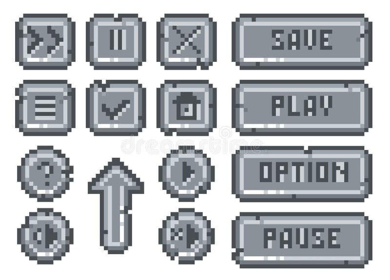 Stone pixel buttons. Retro game asset, 8 bit graphic elements, interactive navigation, menu panel, app interface play, pause and stock illustration