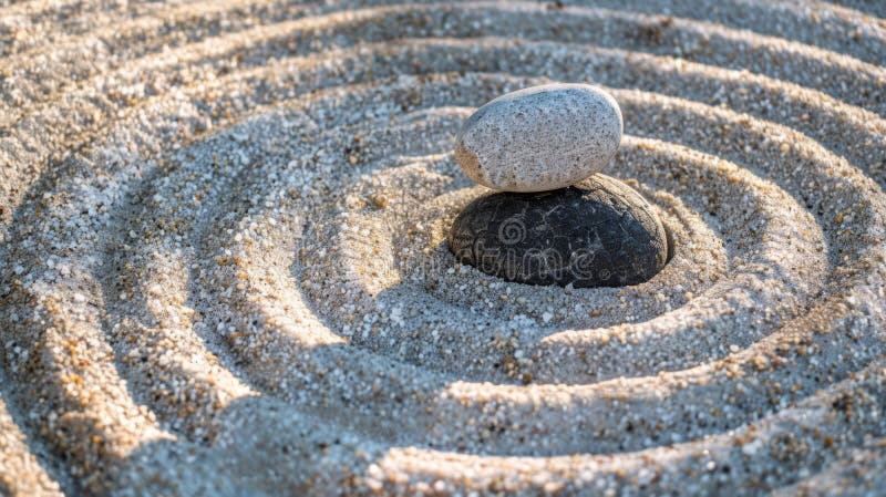 A stone placed in the center of a sand circle in a still life zen garden royalty free stock image