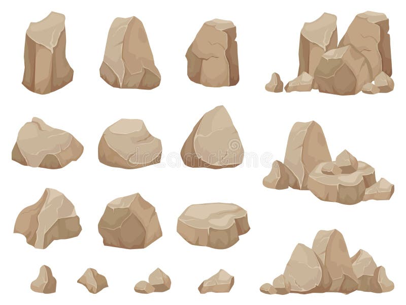 Stone rock. Stones boulder, gravel rubble and pile of rocks cartoon isolated vector set