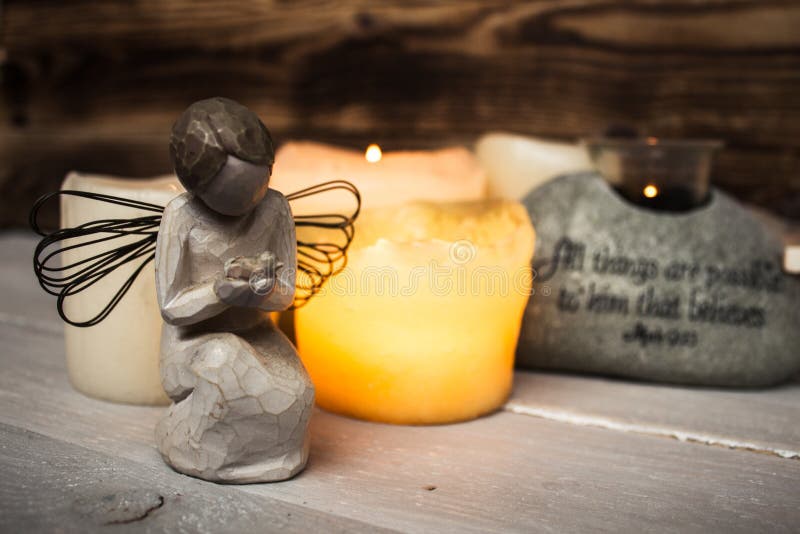 Stone with Scripture Candle Light and Angel Stock Image Image of love