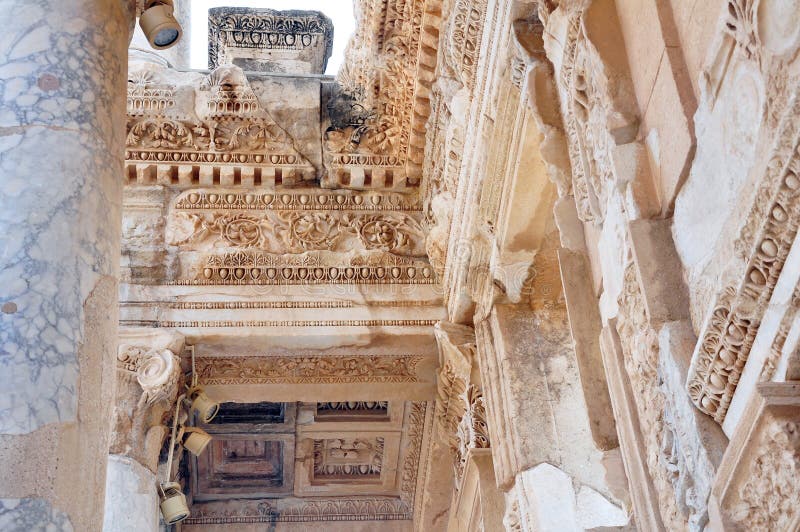 Sculpture relief from the facade of ancient The Library of Celsus at Ephesus, Turkey royalty free stock photography