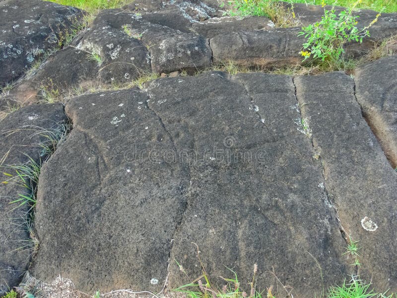 Stone Slabs with Drawings on Easter Island. Traces Stone Processing on